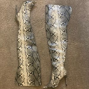 Fashion Nova snakeskin embossed open toe thigh high boots